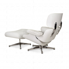 Lounge Chair and Ottoman White Leather White Wood